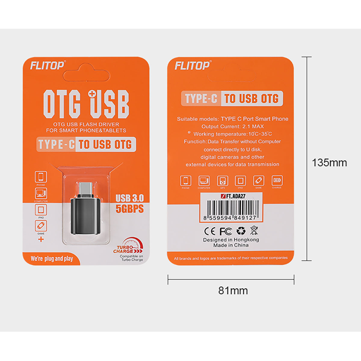 Retail packaging of FT-ADA27 Type-C to USB Adapter showing product specs, USB 3.0 support, and OTG compatibility.